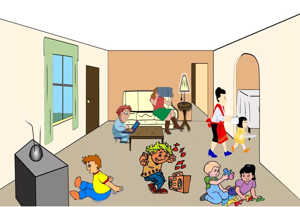 Living Room картинка для детей. Семья в гостиной мультяшная. House комната cartoon. Describe the House for Kids.