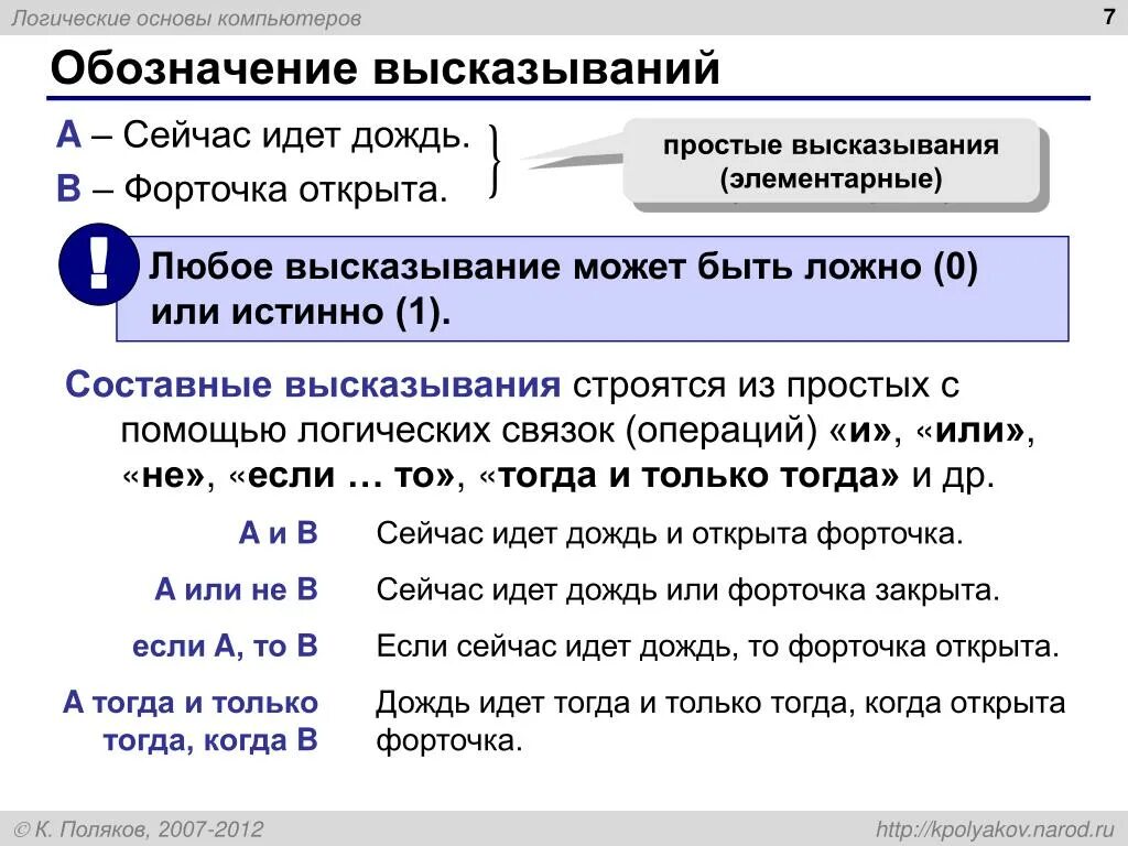 Истинные и ложные составные высказывания. Обозначение высказываний. Составное логическое высказывание. Составные высказывания. Истинного со словами неверно что