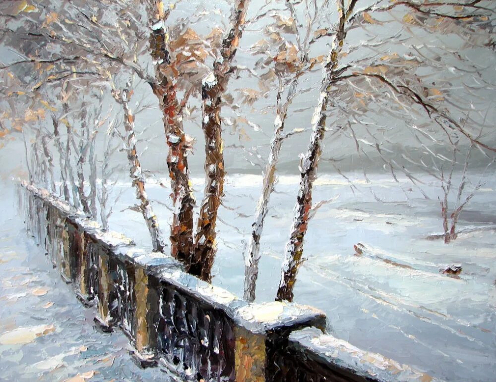 картина красками первый снег