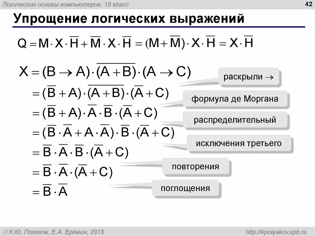 Упростите логические выражения информатика 10. Упростить логическое выражение. Упрощение логических выражений. Упрощение логических операций. Закон де Моргана.