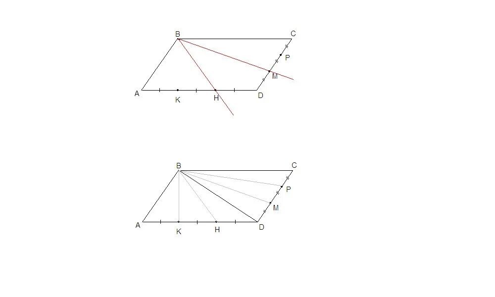 Из вершины б параллелограмма. Параллелограмм на 3 равные части. Разделить параллелограмм на 3 равновеликие части. Разделить параллелограмм на две равные части. Деление параллелограмма на три равные части.