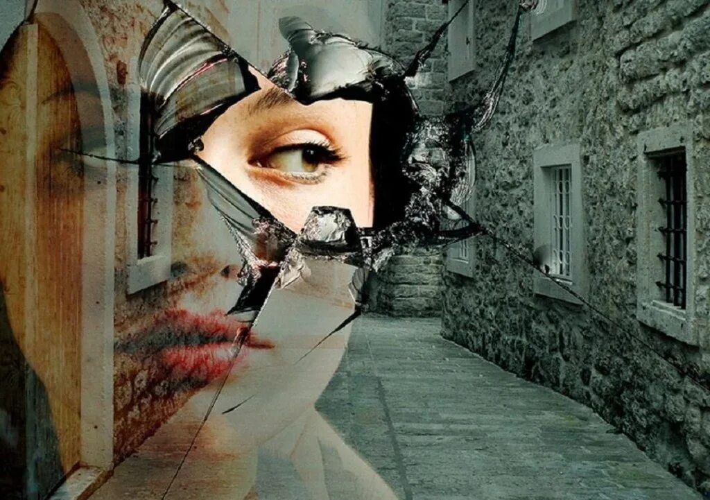 Девушка видеть смерти. Отражение в зеркале сюрреализм. Лицо в разбитом зеркале. Сюрреализм маска.