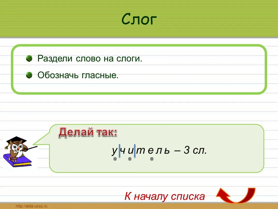 Разделить слово учитель на слоги