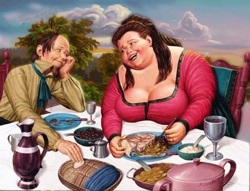 Пришли два любовника. Карикатуры про толстых девушек. Толстушка с едой. Прикольные картины. Иллюстрации для взрослых.