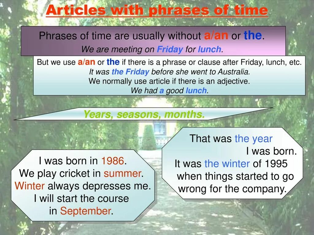 Are there in the article. Phrases with articles. phrases with time. articles in english. articles with time.