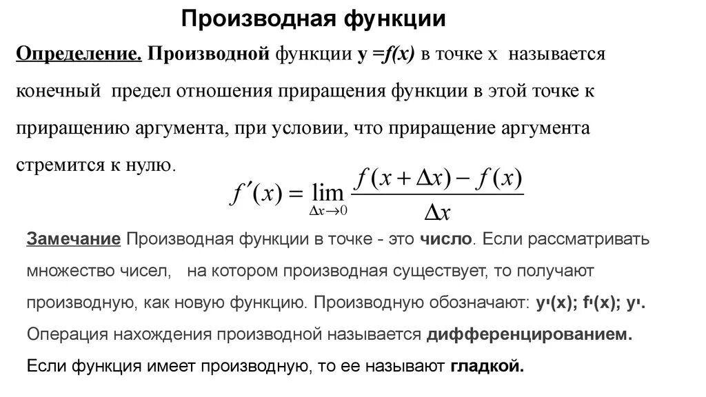 1. Понятие производной функции. Производная функции y = f(x) в точке x0 это. Как определяется производная функции y f x. Производная это предел приращения функции.