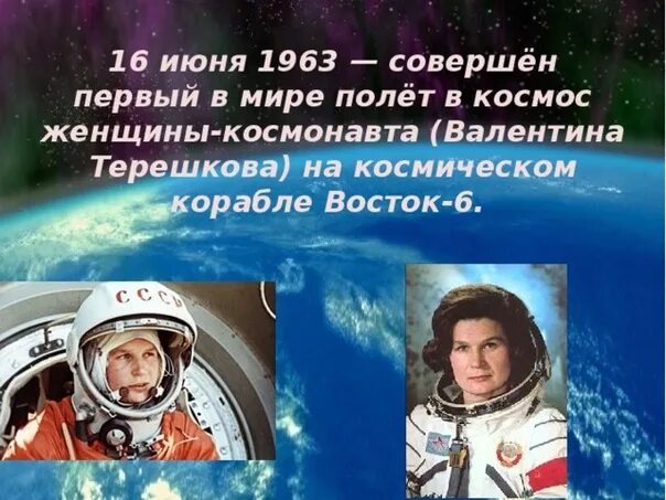 16 июня первая женщина космонавт 1963. Терешкова первый полет в космос.