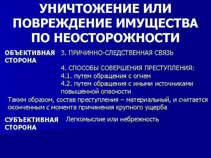 Уничтожение или повреждение имущества. Уничтожение или повреждение имущества по неосторожности. Виды уничтожения или повреждения имущества. Уничтожение или повреждение имущества по неосторожности состав.