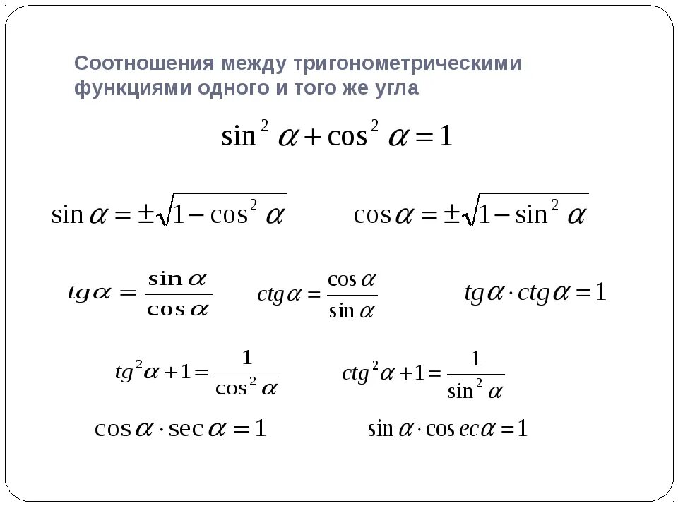 Формулы соотношения тригонометрических функций. Зависимость между тригонометрическими функциями одного угла. Формулы зависимости между тригонометрическими функциями. Соотношение между тригонометрическими функциями одного угла. Формулы тригонометрические функции угла