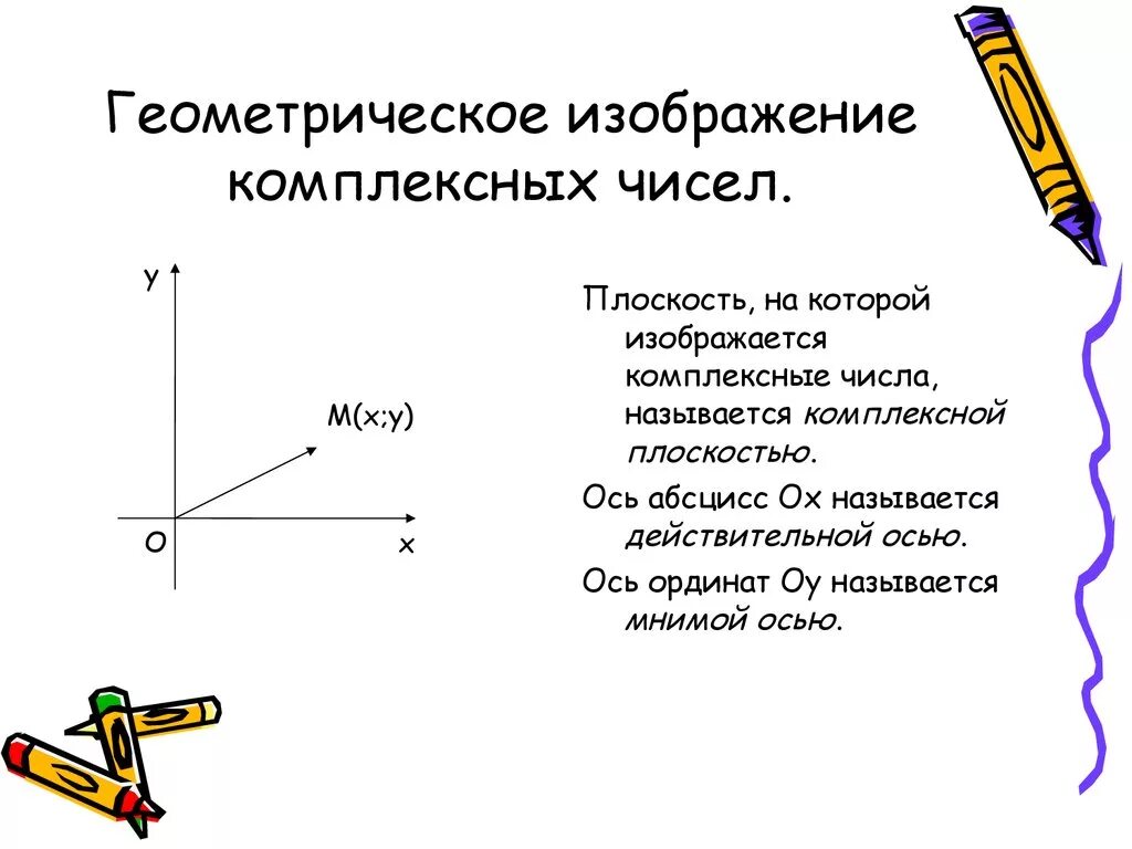 Изобразите числа геометрически. Геометрическое изображение комплексных чисел. 2. Геометрическое изображение комплексного числа.. Геометрическое изображение суммы комплексных чисел. Геометрические понятия комплексных чисел.