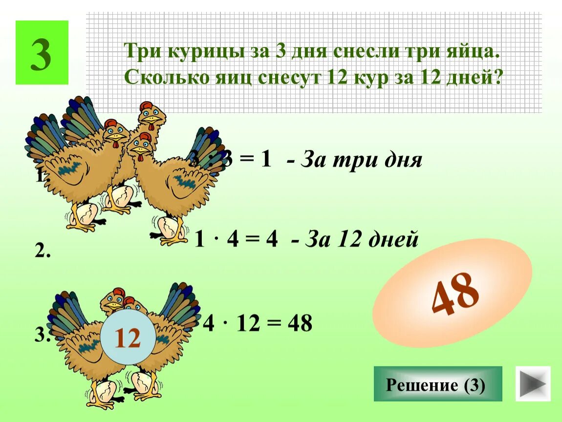 Задача сколько яиц. Три курицы за три дня снесли. 3 Курицы за 3 дня снесли 3 яйца. Три курицы за три дня снесут 3 яйца сколько яиц снесут 12. Три курицы за три дня снесли 3 яйца сколько яиц за 12 дней 12.