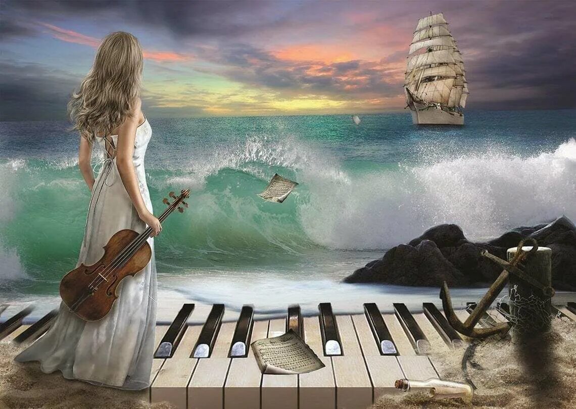 Душа поет. Девушка скрипка море. Фортепиано и море. Девушка рояль море. Рояль и море в живописи.