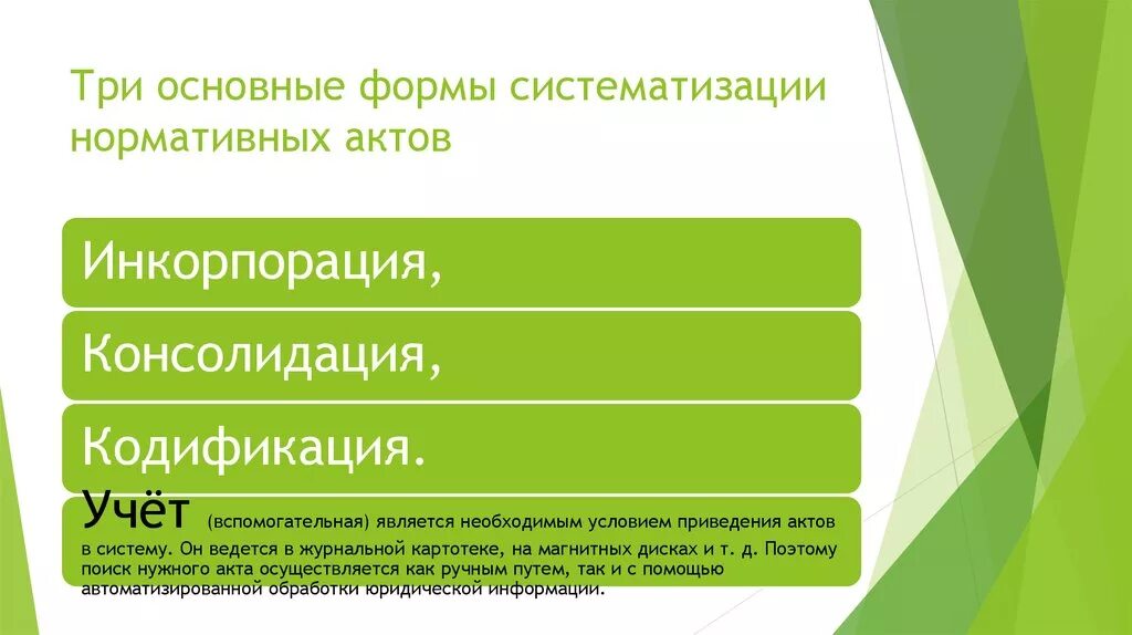 Виды инкорпорации. Инкорпорация консолидация кодификация. Три основные формы систематизации нормативных актов. Кодификация систематизация и инкорпорация. Примеры учета систематизации.