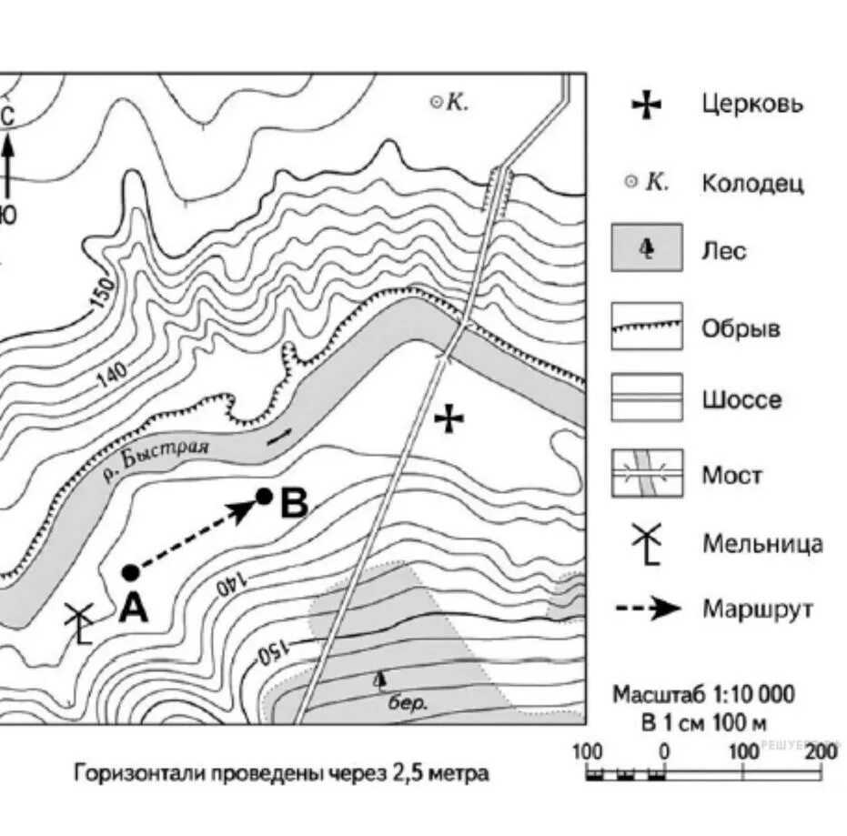 В каком направлении от церкви расположен колодец. Задание 3 выполняется с использованием топографической карты. Какова протяженность проложенного на карте маршрута а-в. В каком направлении от мельницы расположена Церковь. На каком берегу реки находится Церковь.