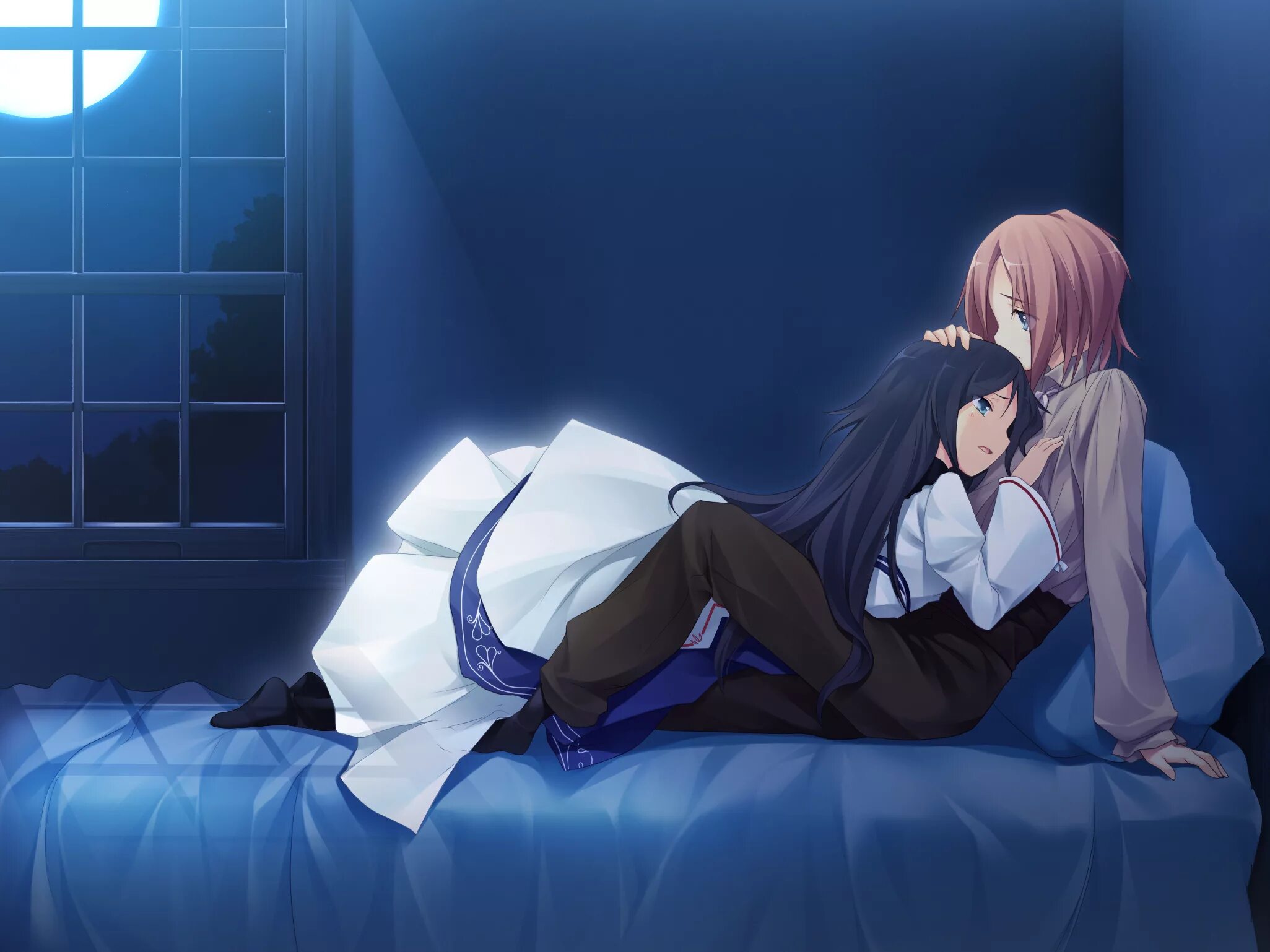 склонил голову. девушка на коленях на кровати. аниме девушка лежит на парне. мужчина и женщина арт. во сне стояла на коленях.