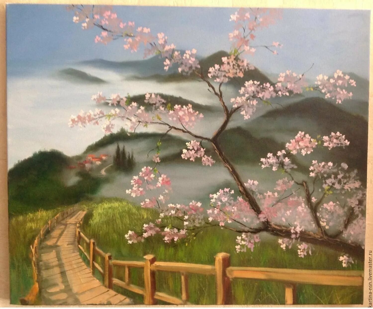 Масло сакуры. Сакура с1221м. Пейзаж в японском стиле. Сакура пейзаж. Цветение Сакуры живопись.