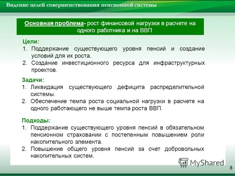 Совершенствование пенсионной системы. Совершенствование целого. Накопительная и распределительная пенсионная система. Недостатки распределительной пенсионной системы. Видение цели.