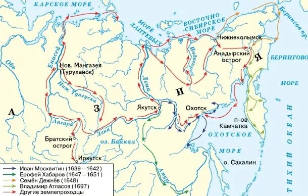 Подпишите названия крупнейших притоков. Карта экспедиций Поярково Дежнева Хабарова.. Пути экспедиций Пояркова Дежнева Хабарова.