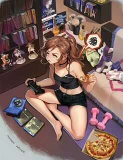 Девушки, игры, рыжие волосы, еда, пицца. 