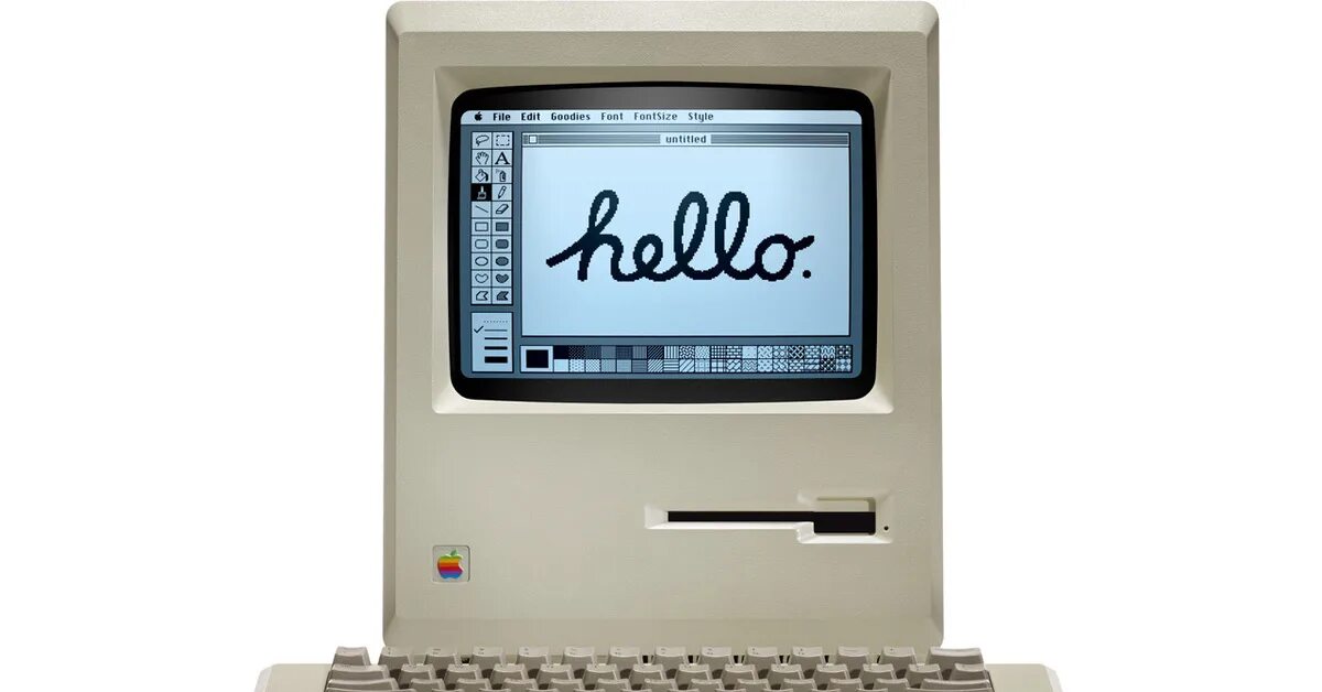 Hello компьютер. Первый macintosh 1984 год. macintosh с графическим интерфейсом пользователя. компьютер 30к. компьютер 30 лет назад.