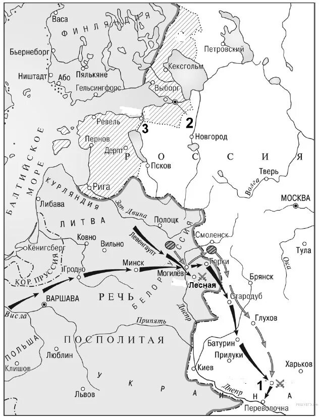 Цифрой 1 на схеме обозначен кенигсберг. Карта Северной войны 1700-1721.