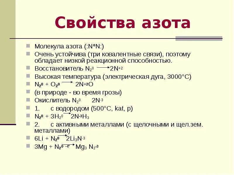 Характеристика молекулярного азота