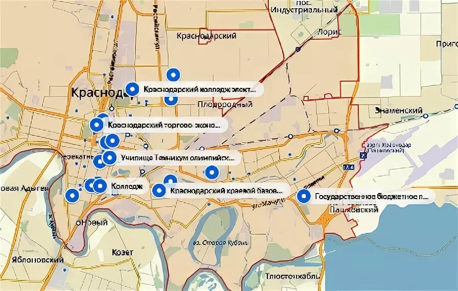 Поступи после 9 класса краснодар. Колледжи Краснодара на карте. Районы Краснодара. Карта университетов Краснодар. Карта Краснодара с учебными заведениями.