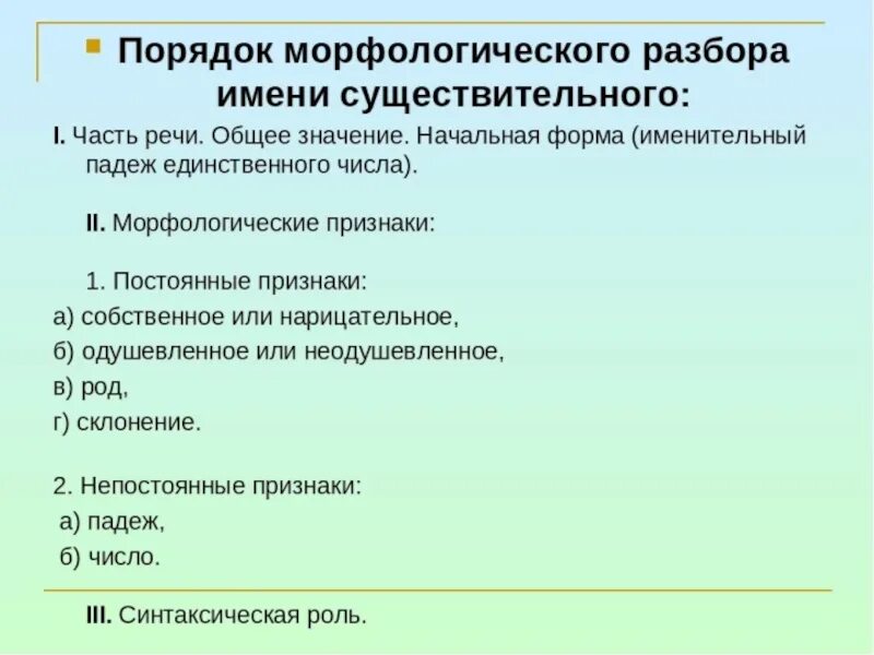 Установи последовательность слов в предложении. Последовательность морфологического разбора. Порядок морфологического разбора сущ. Морфологический разбор имени существительного порядок разбора. Морфологический разбор существительного 6 класс.