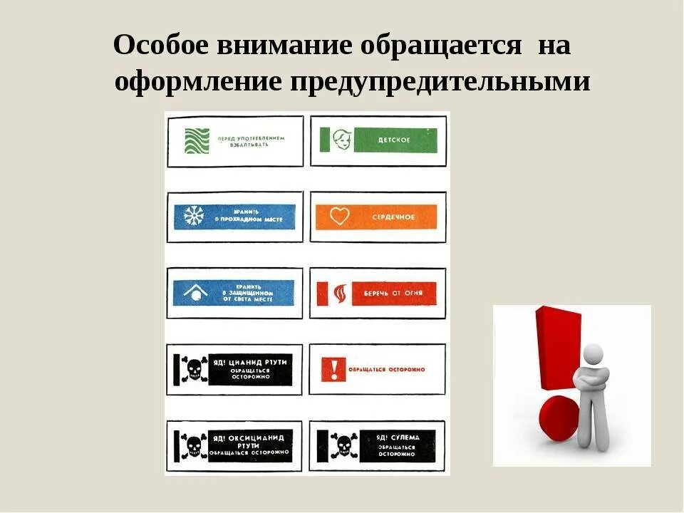 Особое внимание 7. Этикетки для лекарственных форм. Этикетки в аптеке. Сигнальные цвета в аптеке. Предупредительные этикетки на лекарствах.