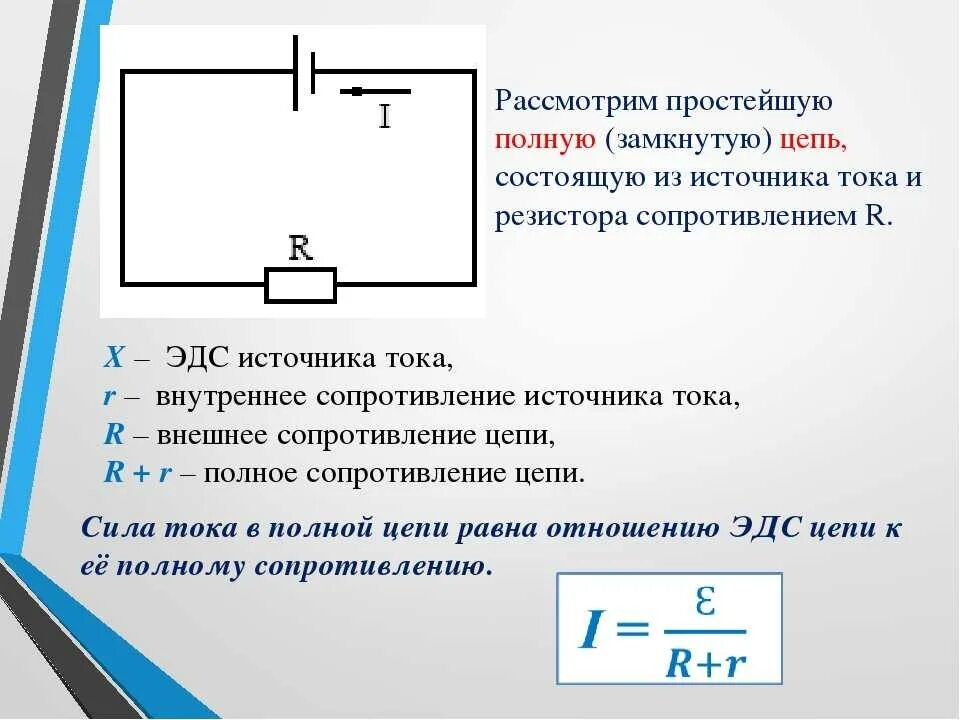 Чему равно напряжение замкнутой цепи. Внутреннее сопротивление источника энергии формула. Источники тока и ЭДС В электрических цепях. Закон Ома для полной замкнутой цепи схема. Формула ЭДС для полной цепи.