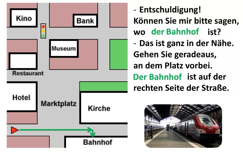 Немецкий Wegbeschreibung. Am Bahnhof диалог. Bahnhof артикль. Auf der Strasse задания.