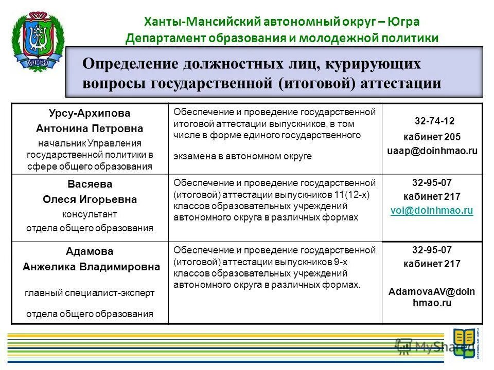 Департамента образования автономного округа