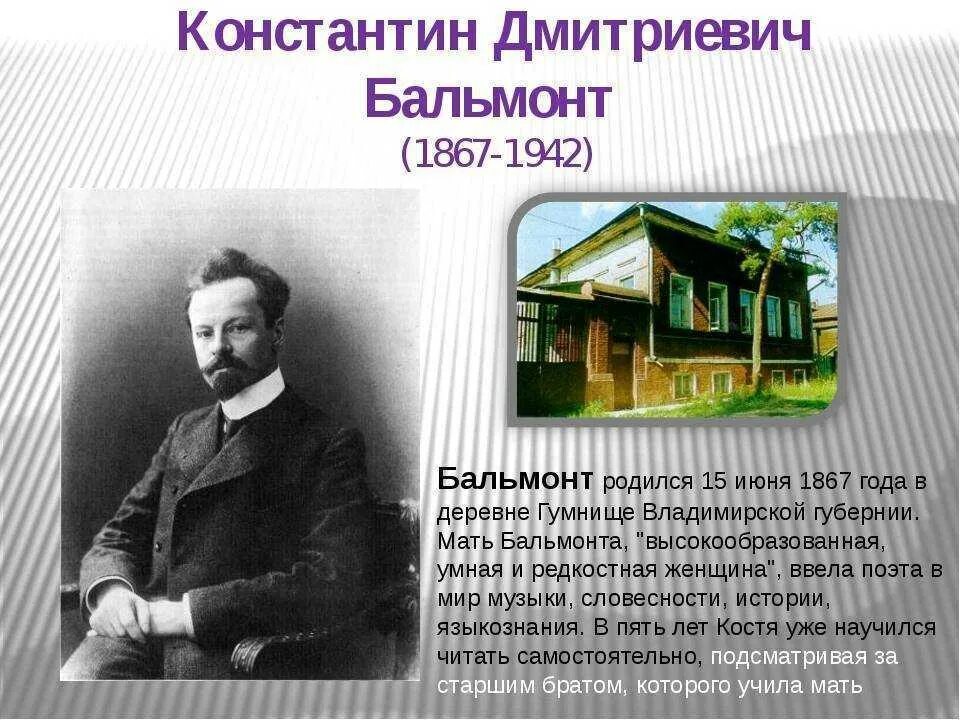 Сообщение о Константине Дмитриевиче Бальмонте. Гумнищи Бальмонт. Бальмонт биография 4 класс