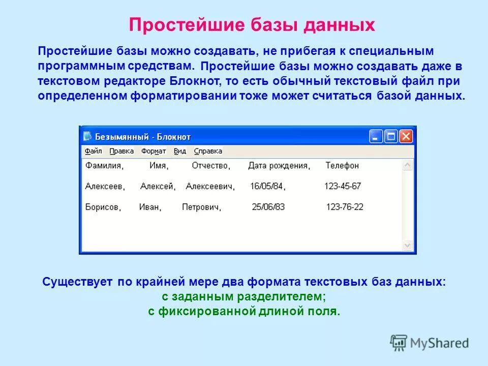 Половину информации содержится. База данных. Простейшие базы данных. Примеры простых баз данных. Текстовая база данных.