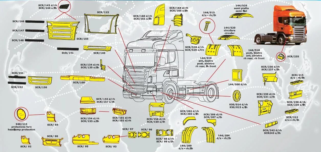 Названия грузовых автомобилей. Схема запасных частей Scania g. Название деталей кабины тягача Scania. Схемы деталей кабины КАМАЗ 5490. Каталог запчастей грузовиков Скания р380.