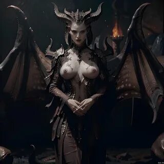 lilith, diablo 4, ai generated, breasts, demon girl, demon wings, tits out.