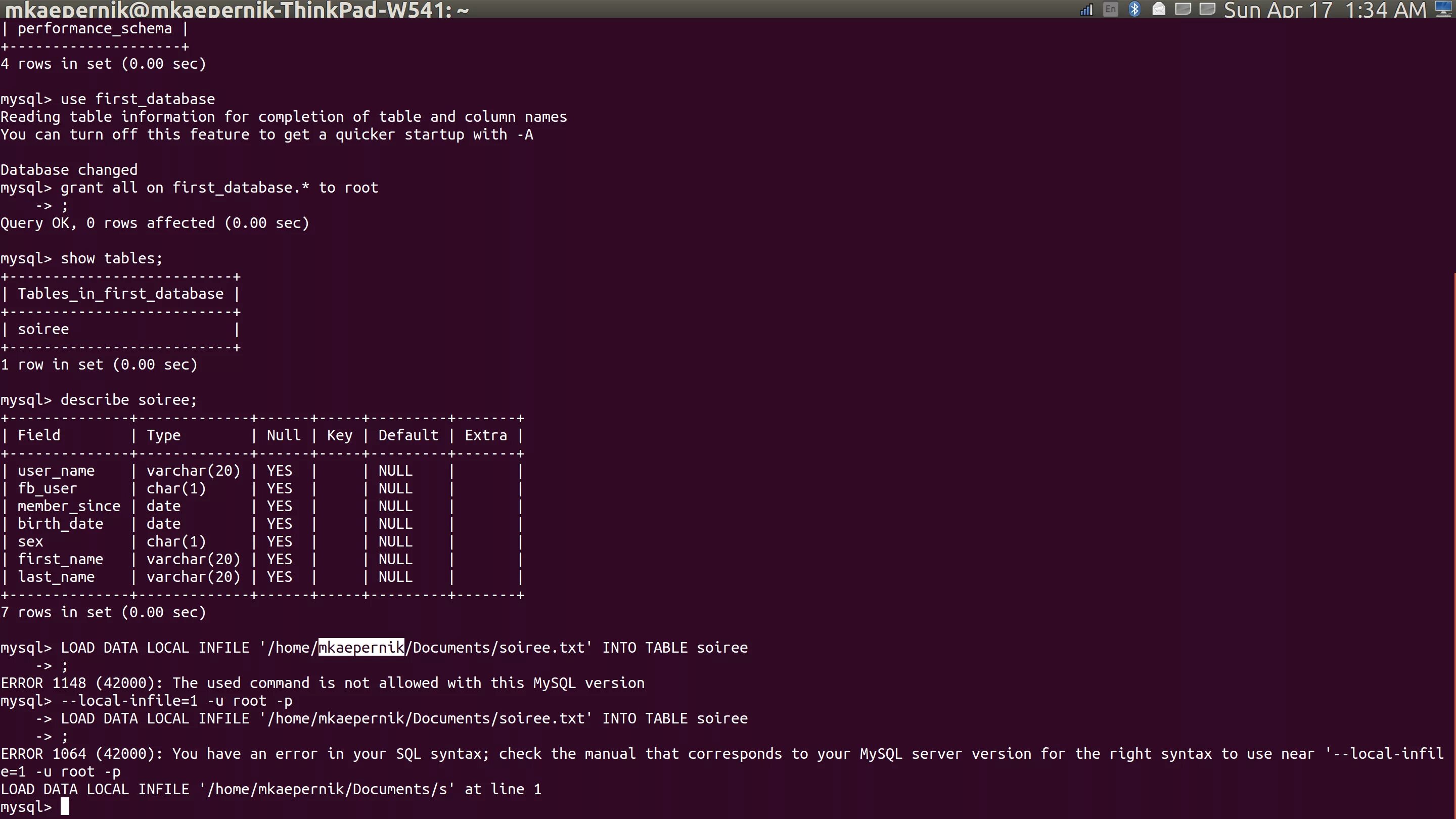 Error while connecting to database. Mysql. load data into table. syntax error mysql. mysql найти переносы строк в конце.