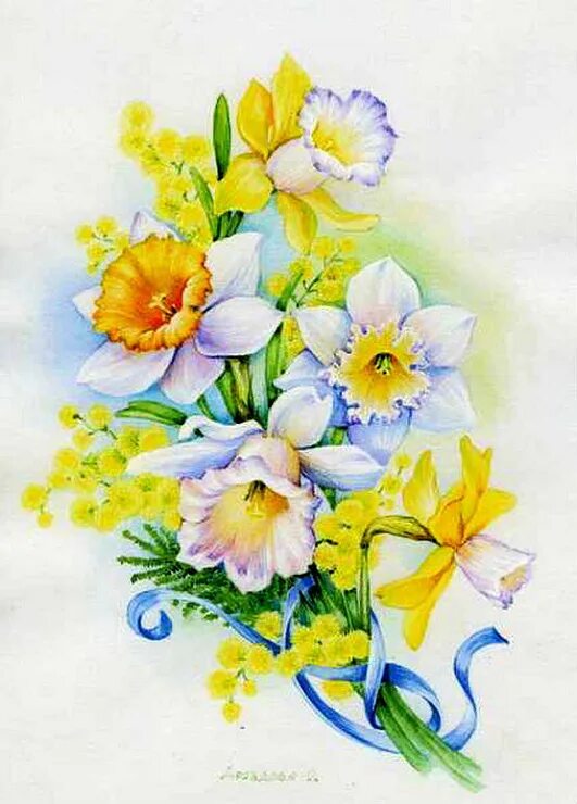 Тюльпаны нарциссы и мимозы. Акварель букетики весенних цветов. Открытка «Нарцисс». Весенний букет акварель. Мимоза и тюльпаны рисунок
