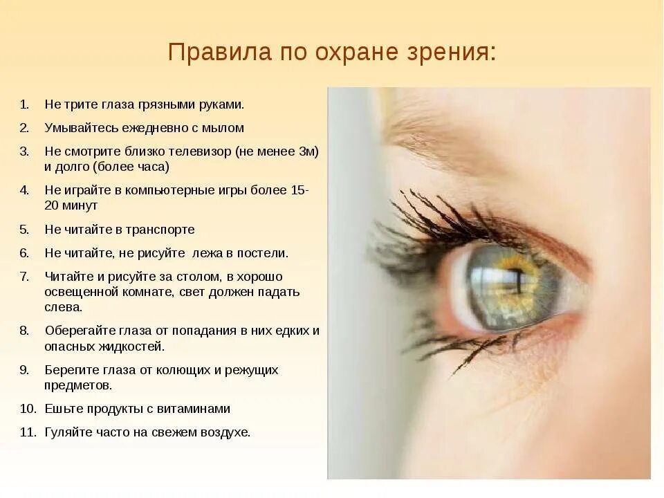 Тезисы зрения. Правила по охране зрения. гигиена органов зрения. гигиена органов зрения памятка. презентация на тему зрение.