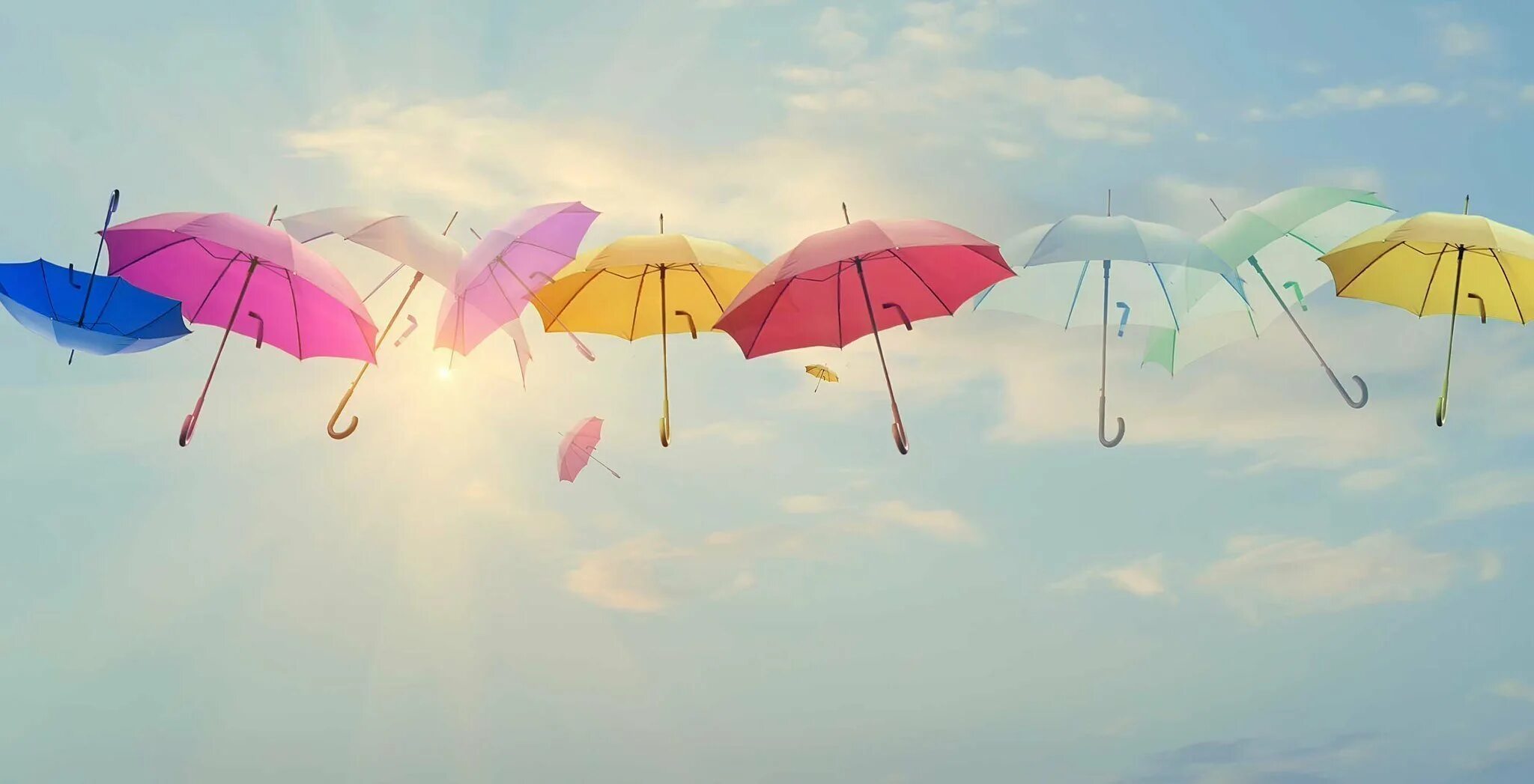 Разноцветные зонтики. Разноцветный зонт. Зонтики в небе. Летит на зонтике. Обои зонтика