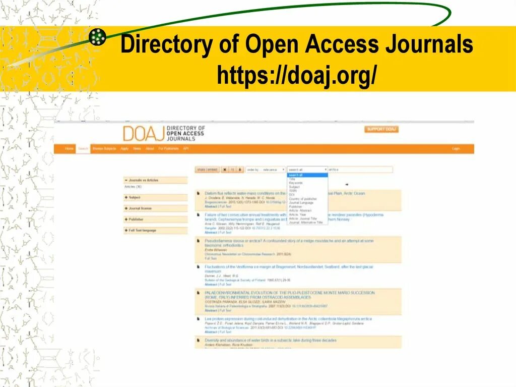 Directory of open access Journals. Access is open. DOAJ. Directory of open access books.