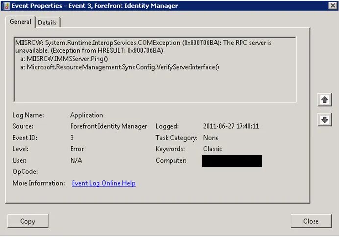 Windows 2008 r2. "Server unavailable" message. Event properties. Rpc unavailable