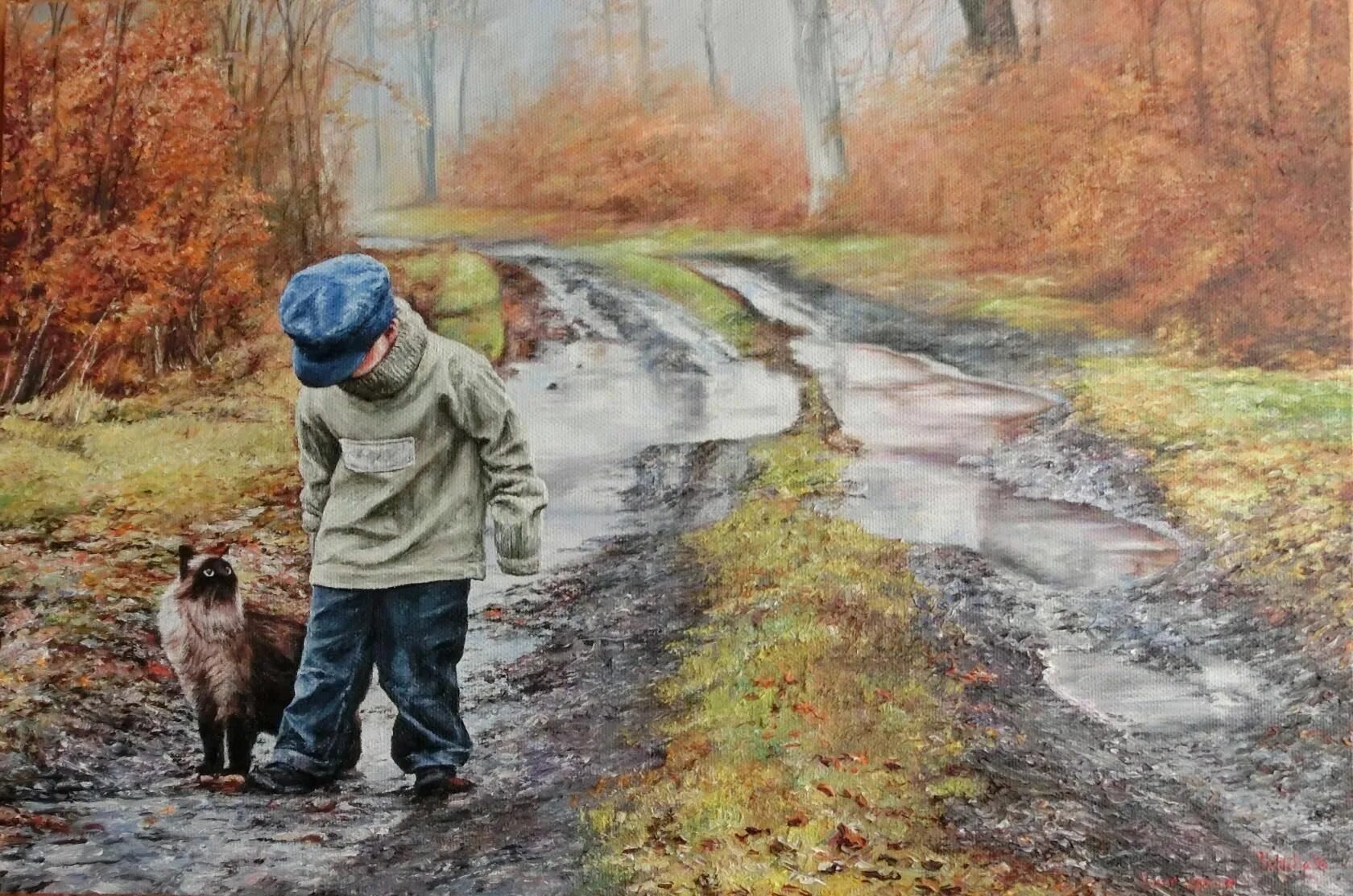 В лесу сыро идешь. Лужа живопись. Осень дети живопись. Дети осенью в живописи. Лужи на картинах художников.