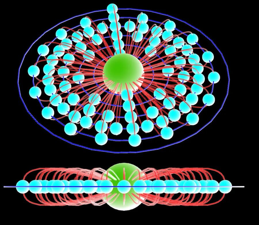 Визуализация атома. Модель атома золота. Электрон. Электроны движутся. Модель атома движущаяся