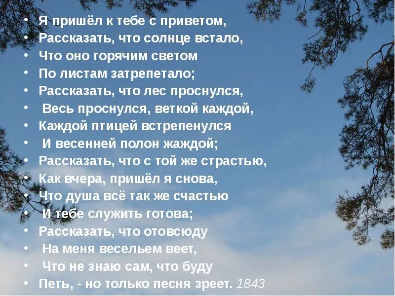 В лес я приходил к рассвету. У дуба у березы Фет. Я пришёл к тебе с приветом Фет. Стих учись у них у дуба у березы.