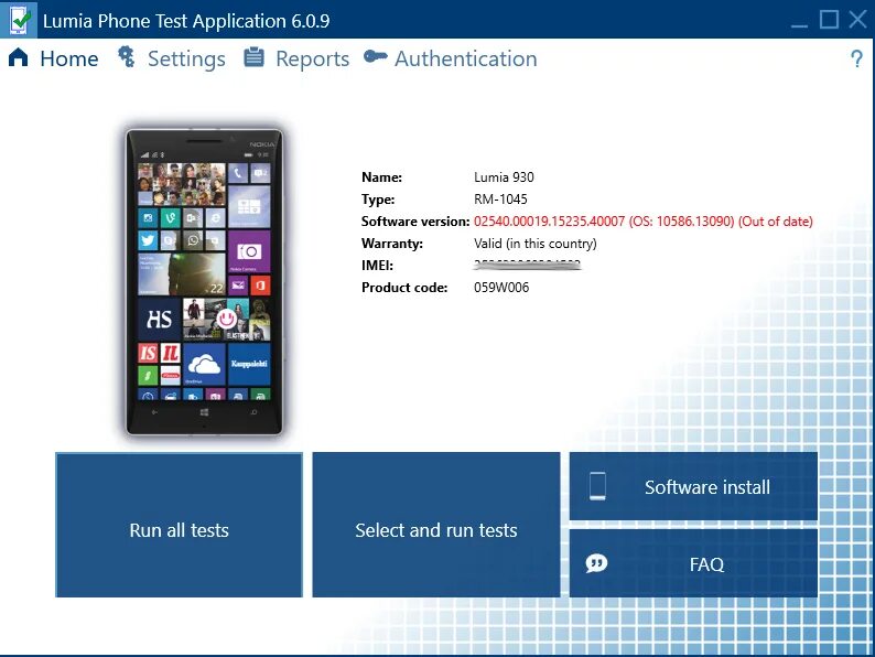 Phone test to. Test app. Nokia Lumia 930 IMEI.