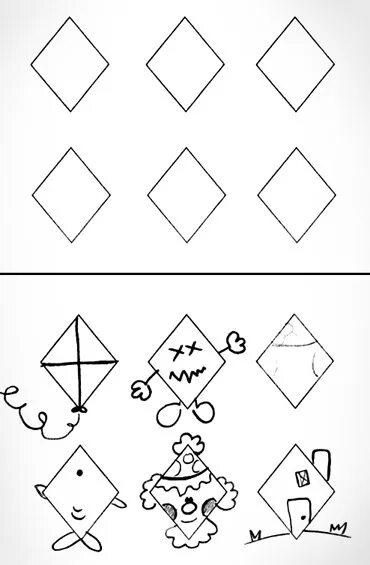 Ромбик дорисуй. Дорисовать ромб. Дорисуй ромбики до фигур. Упражнения на креативность ромб. Дивергентные тесты