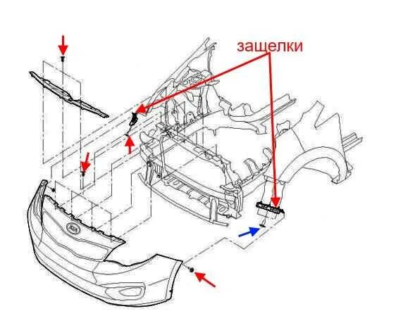 Снятие бампера киа рио 3. Kia Rio снятие переднего бампера. Крепление бампера Киа Рио 3 переднего. Схема переднего бампера Киа Рио 4. Крепления переднего бампера Киа Рио 3 Рестайлинг.