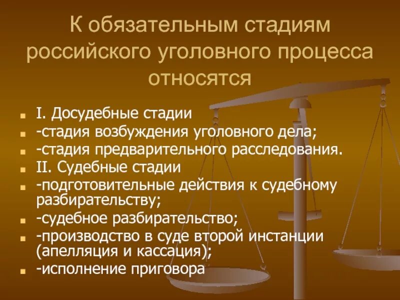 Досудебное и судебное производство. Уголовно-процессуальная деятельность стадии. Стадии возбуждения уголовного дела. Судебные стадии уголовного процесса. Обязательные стадии уголовного процесса.