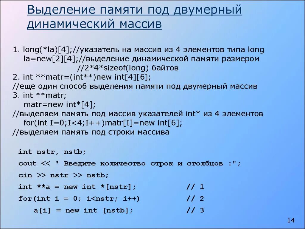 Динамическое выделение памяти. Выделение памяти на массив. Динамическое выделение памяти для массива. Выделение динамической памяти для двумерного массива.